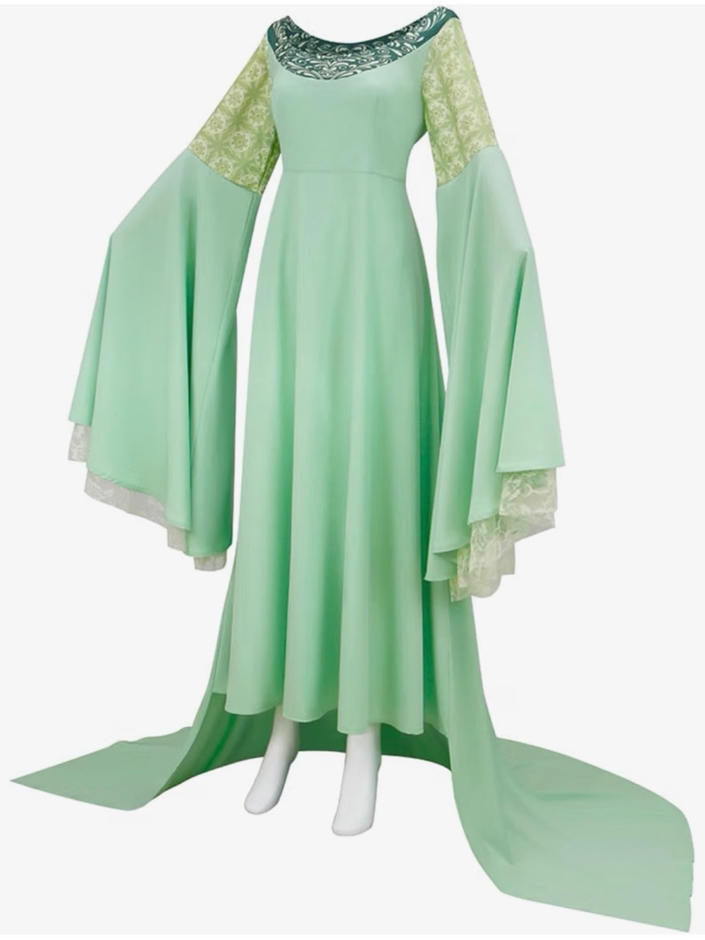 Arwen Lord Of The Rings Medieval Sage Maxi Dress with Lace Trim and headpiece